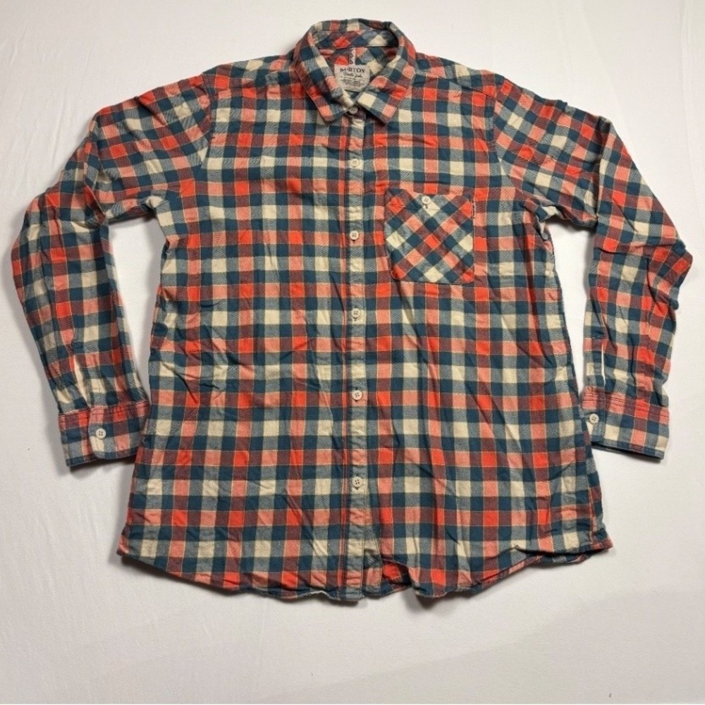Burton Mens Plaid Flannel Button Down Shirt Long Sleeve Orange Blue Cream M